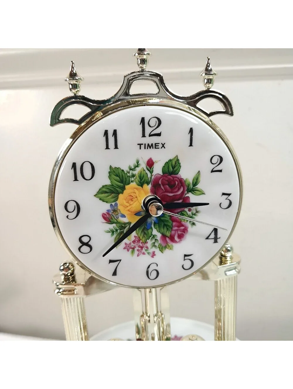Timex Country Rose Anniversary Clock Glass Globe Mantle flowers floral READ